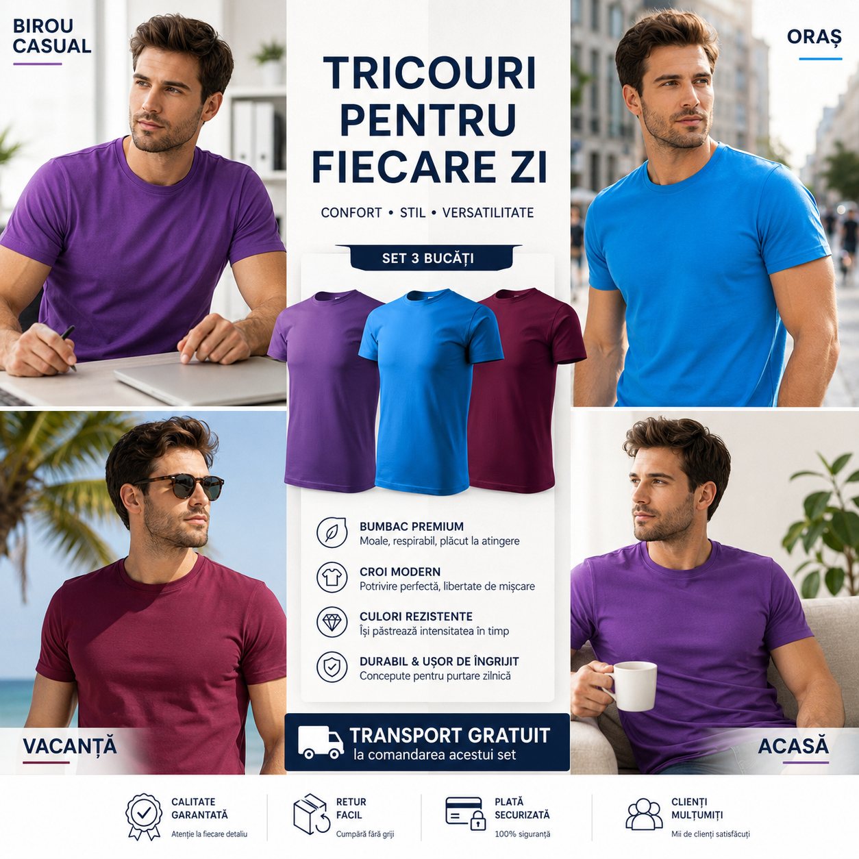 Set 3 tricouri bărbați 100% bumbac casual regular fit violet blue snorkel și vișiniu